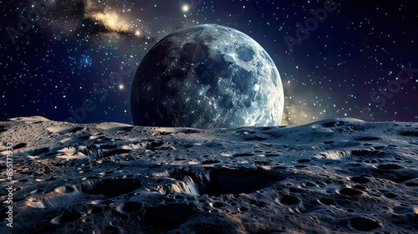 Fototapeta Beautiful panoramic depiction of the moon in space highlighting its detailed topography and craters with the dark star-studded backdrop of space offering a captivating and tranquil cosmic scene 