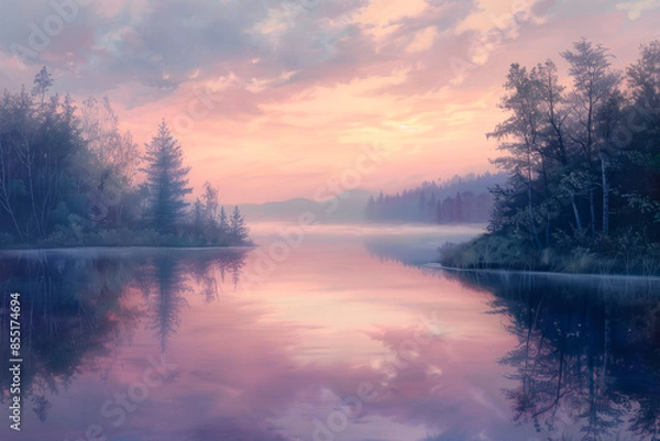 Fototapeta Illustration of serene dawn setting with gentle pastel hues of sky blend with calm, reflective waters of still lake.