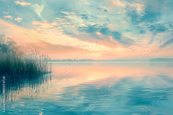 Fototapeta Illustration of tranquil dawn landscape where soft pastel skies meet reflective serenity of still lake, capturing essence of peaceful solitude.