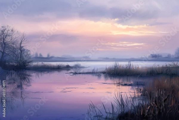 Fototapeta Illustration of tranquil solitude is mirrored in serene waters under dawn sky awash with soft pastels creating landscape of quiet reflection.