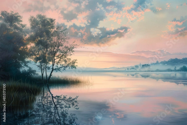 Fototapeta Illustration of tranquil lake with vegetation shore at dawn reflects soft pastel hues of sky creating harmonious landscape that embodies serenity.