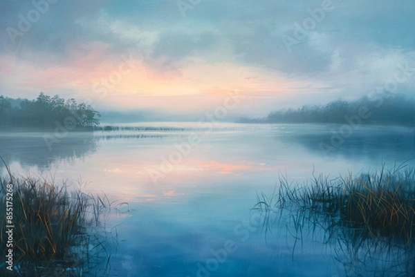 Fototapeta Illustration of tranquil morning with soft pastel sky merges with serene surface of motionless lake, epitomizing moment of peaceful isolation.