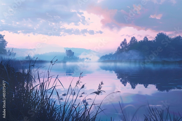 Fototapeta Illustration of quiet solitude is encapsulated in stillness of lake at dawn with sky above painted in gentle pastel shades.