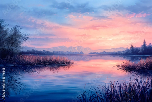 Fototapeta Illustration of peaceful dawn view showcases motionless lake mirroring soft pastel tones of sky highlighting beauty of tranquil solitude.