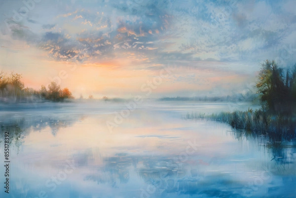 Fototapeta Illustration of peaceful solitude is perfectly in tranquil early light where soothing of dawn sky meet still lake's reflective calm.