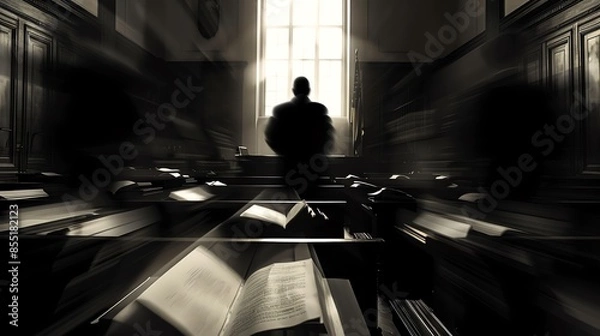 Fototapeta Dark courtroom with a silhouette of a judge and blurred faces of defendants, surrounded by legal books and documents, evoking a sense of fear and uncertainty