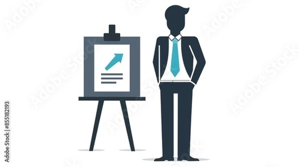 Fototapeta Human icon with a tie and a presentation board, modern, blue and gray tones, vector art, symbolizing business meetings and presentations, sleek and professional