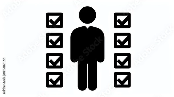 Fototapeta Black silhouette of a person surrounded by checklists, symbolizing task management, completion, and organized productivity.