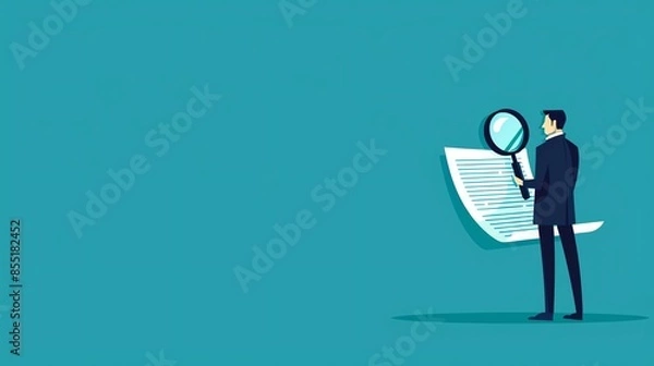 Fototapeta Side view flat design of a businessperson reviewing a contract with a magnifying glass, ensuring all terms are clear before signing, representing due diligence