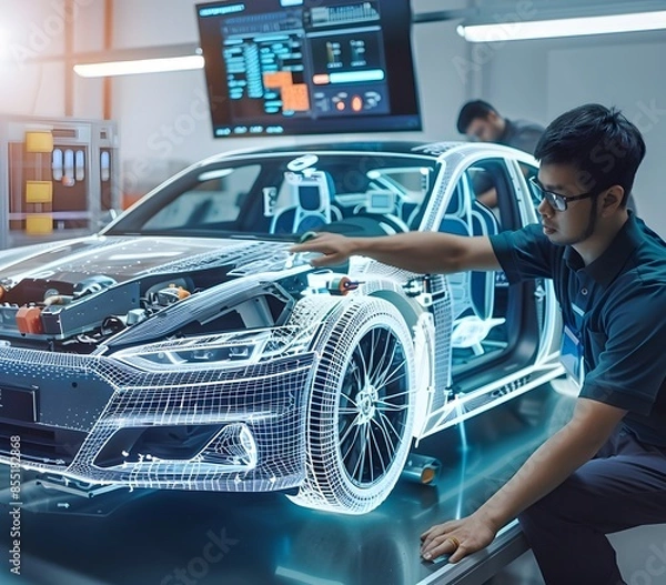 Fototapeta Innovative car design team utilizing augmented reality to review the internal components and systems of an electric vehicle in a state-of-the-art research lab