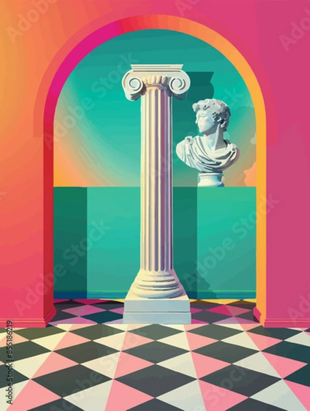 Fototapeta Vibrant, geometric poster art featuring classical busts in surreal, colorful settings. Bold arches, columns, and checkered floors blend with modern aesthetics, creating a unique fusion of ancient and 