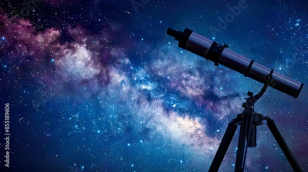 Fototapeta Majestic view of a telescope beneath a vibrant starry sky with the Milky Way visible and stars sparkling highlighting the excitement and serenity of astronomical observation 