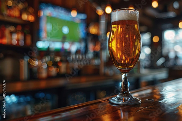 Fototapeta Beer Glass on Bar with Soccer Game on TV