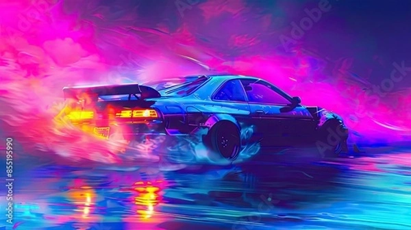 Obraz Drifting Car in Neon Lights.