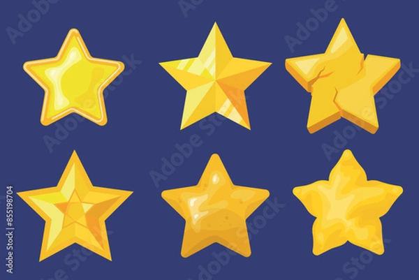 Fototapeta Set of shiny, yellow stars in cartoon style. Vector illustration of star symbols of different shapes, with sharp corners, soft ones isolated on a dark blue background. Star rating. Geometric shape.