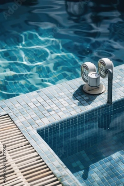 Fototapeta A pair of parking meters sitting by a swimming pool, useful for editorial or commercial use