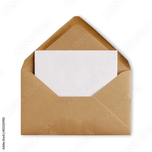 Fototapeta A simple brown envelope with white paper or card inside. Transparent png, add your own background. Faint shadow for 3d effect,