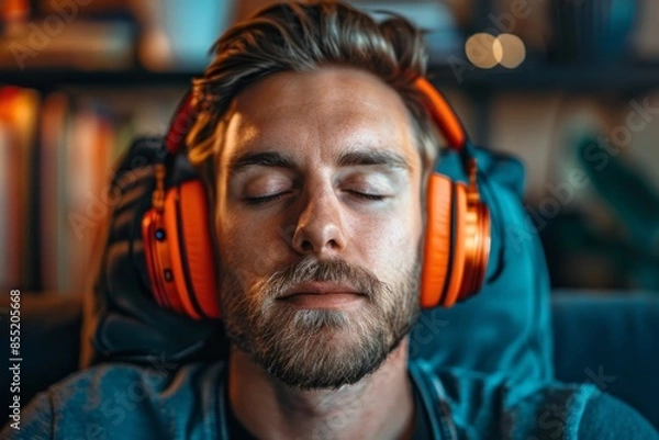 Fototapeta Man with closed eyes enjoying music on headphones