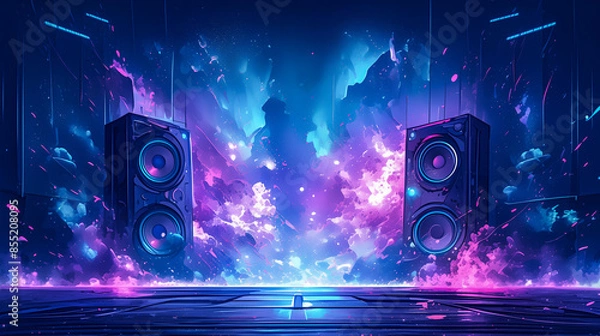 Fototapeta Abstract Background with Floating Speakers and Vibrant Cosmic Splashes