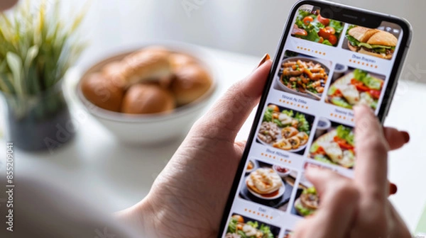 Obraz Person using smartphone to browse online food delivery app, selecting meal. Modern technology, convenience, and lifestyle concept.