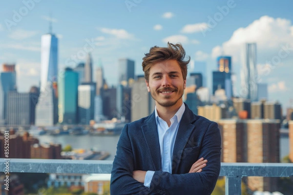 Fototapeta A man in a suit is smiling and posing for a picture in front of a city skyline