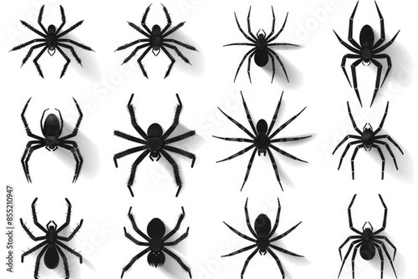 Obraz Collection of spider silhouettes against a white background, ideal for use in designs or illustrations