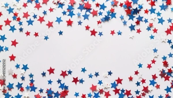 Fototapeta Red, white and blue stars confetti with small American flags on a light background USA holiday celebration banner template for an invitation card Generative AI