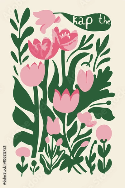 Fototapeta Charming illustrations featuring pink flowers and adorable animals in a simple, modern style. Perfect for greeting cards, children's books, wall art, and spring-themed designs. Playful, vibrant, and d