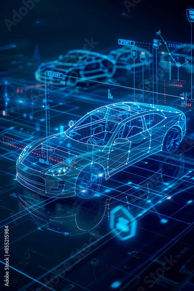 Obraz A digital concept of a futuristic car with glowing blue lines, highlighting automotive technology