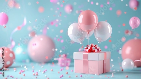 Fototapeta Cheerful party scene featuring a cluster of bright balloons, a stack of vividly wrapped gifts with shiny ribbons, and a joyful atmosphere