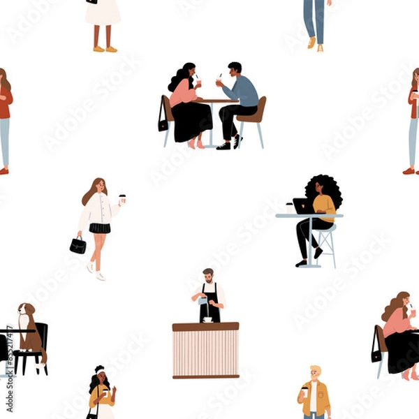 Fototapeta Cozy Dog Friendly Coffee Shop Seamless Patterns. Background with pups, cafe patrons, baristas, drinks. People chat, relax, and work in stylish decor beanery digital paper. Flat vector illustration.