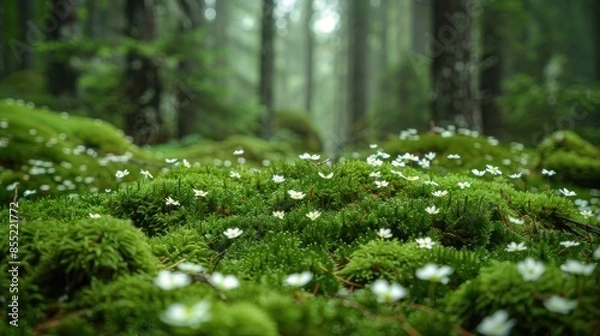Fototapeta Forest Floor with Delicate White Flowers and Lush Green Moss