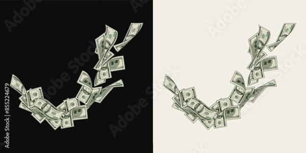 Fototapeta Money dollar composition like wave with flying up100 dollar notes, banknotes, bills. Illustration, design element in vintage style.