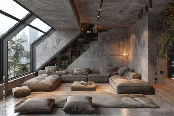 Fototapeta Cozy Attic Living Room with Scenic Window