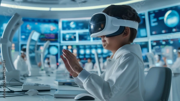 Fototapeta A futuristic metaverse classroom, learning experiences without boundaries, Innovation and technology concept.