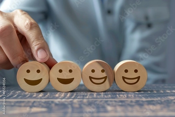 Fototapeta customer services best excellent business rating experience. Satisfaction survey concept. Hand of a businessman chooses a smile face on wood block circle. 5 Star Satisfaction 