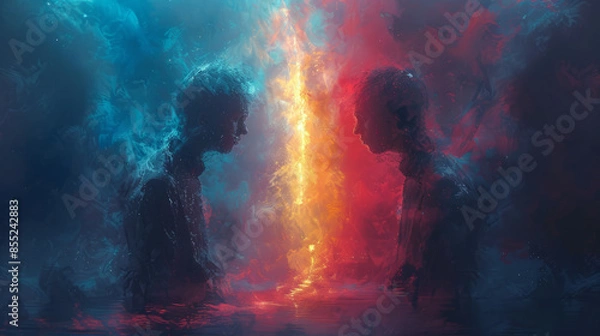 Fototapeta Dramatic Illustration of Twin with Light Beam