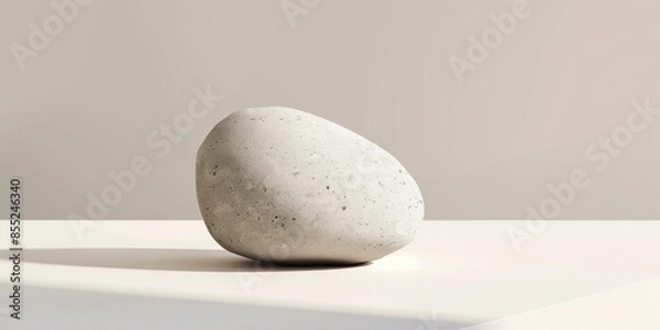 Fototapeta A white stone, smooth and speckled, rests on a white surface