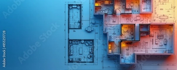 Fototapeta An aerial view of an architectural blueprint split with dual lighting of warm and cool tones