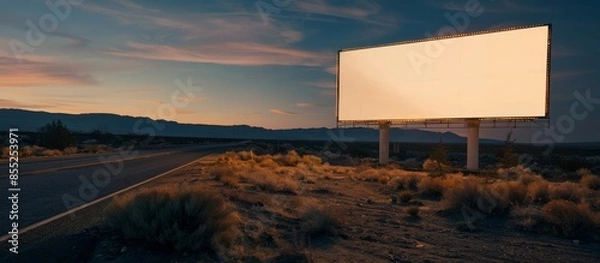 Obraz Desert road night scene with large blank white billboard for advertising mockup at night