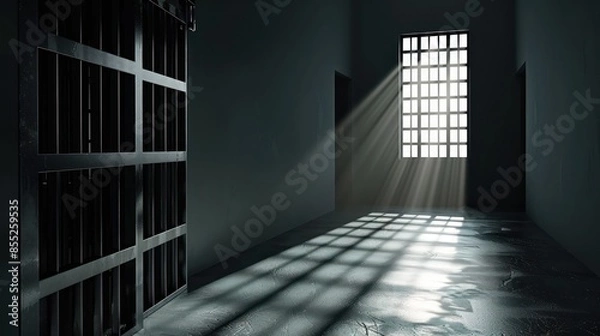 Obraz Rays of light shine through a barred window in a dark prison cell, highlighting concepts of hope and confinement