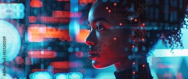 Obraz A closeup of an African American woman's face, with digital data and binary code floating around her in the background. 
