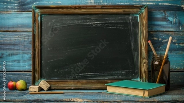 Fototapeta Education concept with blackboard frame book pointer and chalk on wooden background