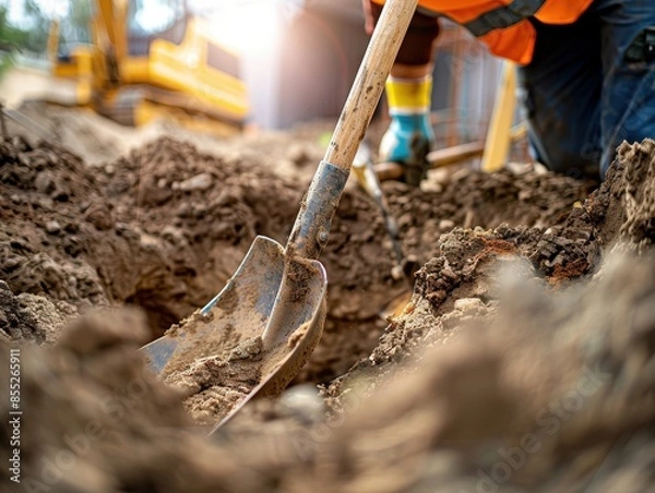 Fototapeta Close-up of a construction worker using a shovel to dig in the soil. Suitable for construction and manual labour themes.