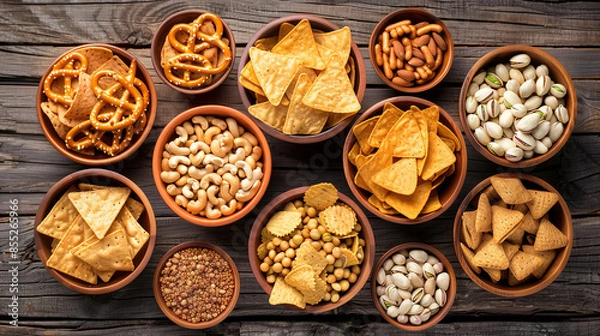 Fototapeta variety of snacks including tortilla chips, pretzels and nuts are arranged in bowls on a wooden background in a top view