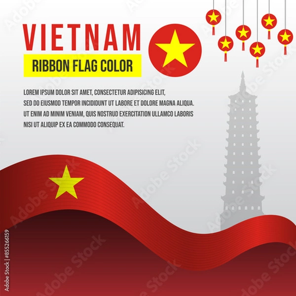 Obraz Vietnam ribbon flag with Bai Dinh Pagoda silhouette and decoration