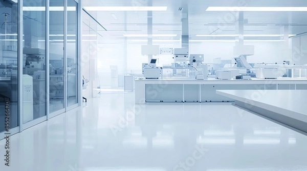 Obraz Modern biomedical research lab with sleek equipment on a clean background, with clear space for text, perfect for scientific studies and laboratory work