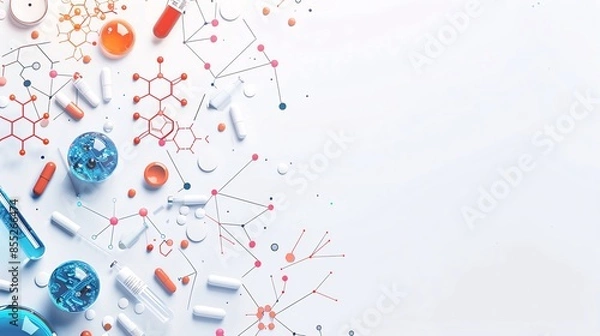 Obraz Modern clinical trial symbols on a plain background, with ample room for text, perfect for medical studies and clinical research
