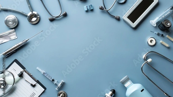 Obraz Organized medical checkup tools on a plain background, with space for text, ideal for clinical exams and diagnostic services