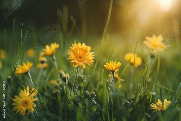 Fototapeta A scenic view of a field of yellow flowers with the sun setting in the background, ideal for use in travel or outdoor photography projects